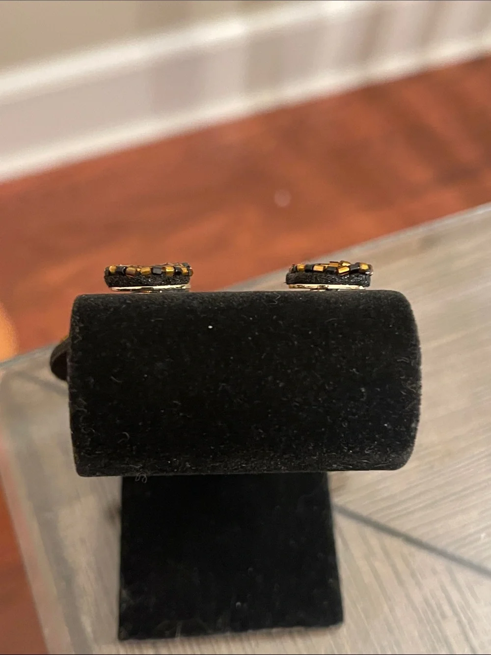 Vintage Style Square Geometric Black & Gold Seed Bead Dangle Clip Earrings
